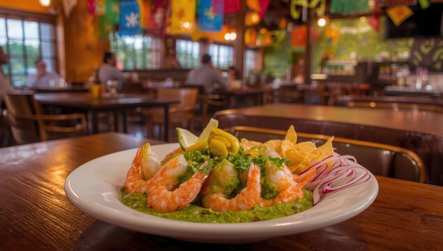 Aguachile is a Mexican dish of raw shrimp in lime and green sauce
