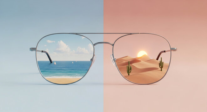 Aviator sunglasses reflecting contrasting scenes of a serene beach and a vast desert at sunset, symbolizing choice or duality.