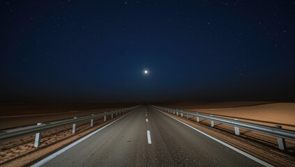 Desert road at night featuring three walk barriers