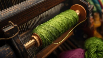 Naklejka premium Detailed view of green cotton yarn on an old weaving loom