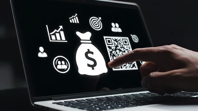 Laptop screen displaying financial growth icons, money bag, and qr code