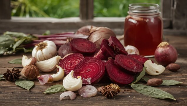 Fermented kvass made with sliced beets, garlic, bay leaf, onions, and allspice