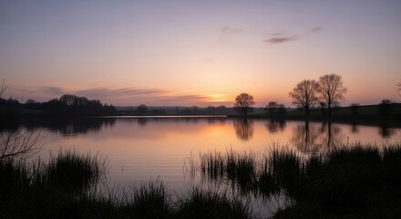 Fototapeta premium Serene Sunset Over Calm River with Silhouetted Trees and Soft Colors