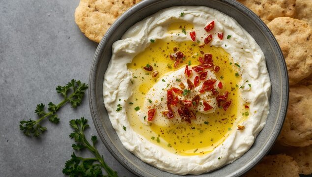 Garlic and lemon whipped feta dip in a gray bowl, overhead view. Greek food theme