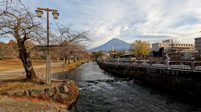 Fujisan Hongu Sengen Taisha Shrine location within downtown Fujinomiya is beautiful scene of Fuji mountain with river and japanese city in fujinomiya shizuoka Japan. stable footage travel.