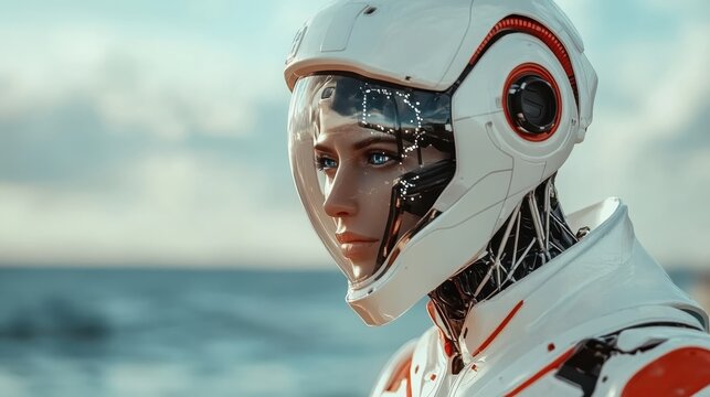 A humanoid robot adorned in a sleek futuristic suit gazes out to sea, capturing the intersection of technology and humanity, symbolizing innovation and a new era of exploration.