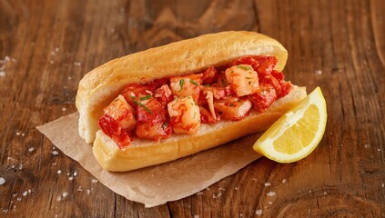 Lobster sandwich on a wooden surface