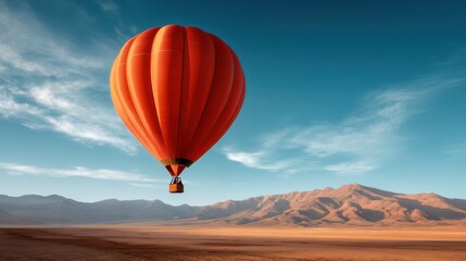 Fototapeta premium A vibrant hot air balloon floats majestically above a stunning desert landscape, showcasing adventure and exploration against a backdrop of natural beauty and vastness.
