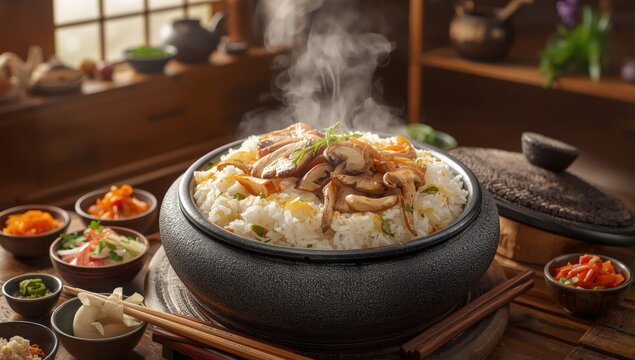 Mushroom rice in a stone pot