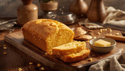 Newly baked cornbread loaf for breakfast