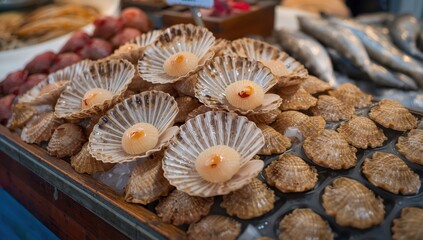 Fototapeta premium Newly caught French scallops at Dieppe seafood market