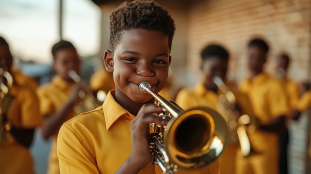 A cheerful young boy plays the trumpet with enthusiasm, surrounded by his peers. This image embodies the joy of music, friendship, and youthful passion for the arts.