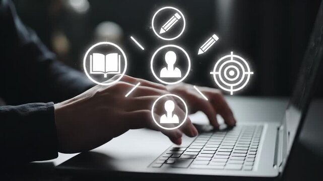 Online learning and skill development concept with glowing icons on laptop