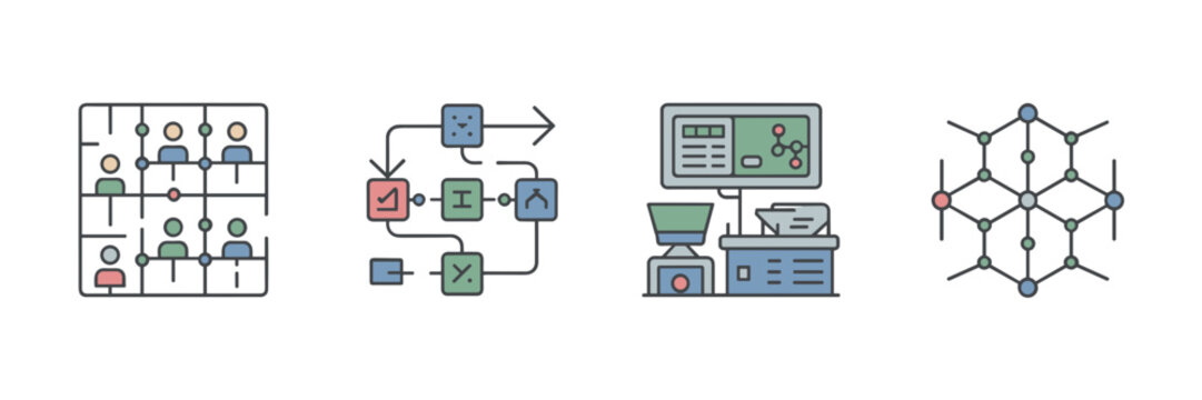 Agent based modeling simulation icons &ndash; Suitable for scientific research, data clusters, or system dynamics.