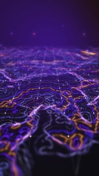 Abstract digital perspective grid with glowing purple and blue particles on dark background. 