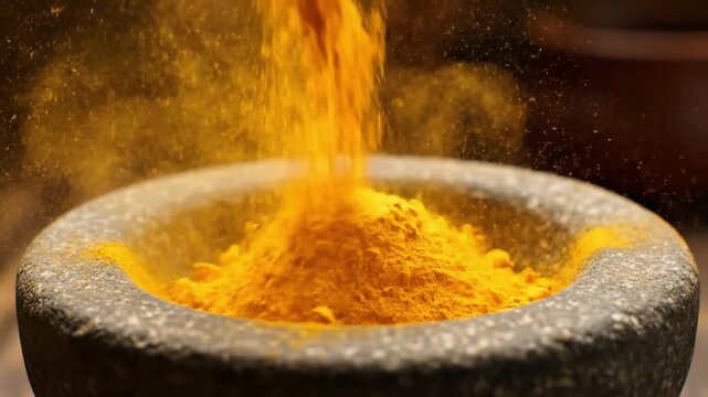Vibrant Ayurvedic Turmeric Powder Falling into Stone Mortar