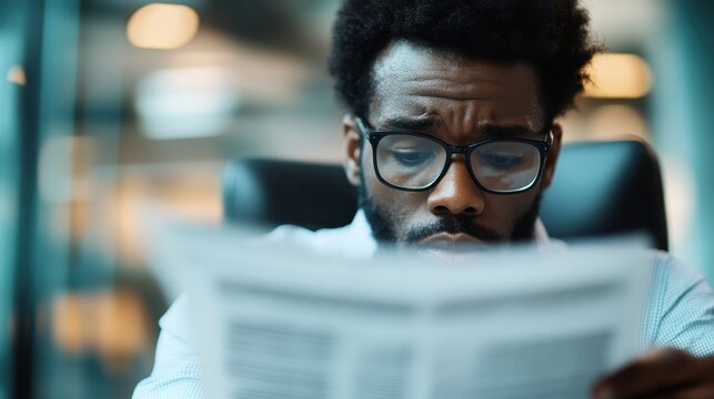 A man with glasses deeply focused on reading a newspaper, showcasing an engaged expression that highlights the importance of staying informed in today's world.