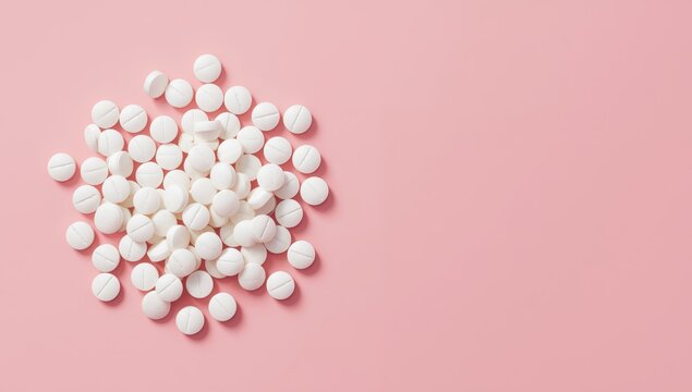 Piled white circular tablets on a pink backdrop with empty space. Medical theme