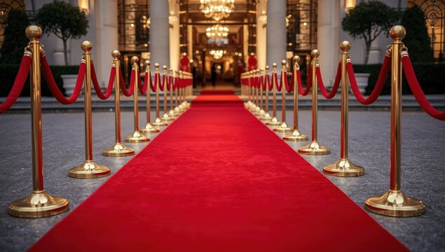 Red carpet stretched between rope stanchions at the entrance