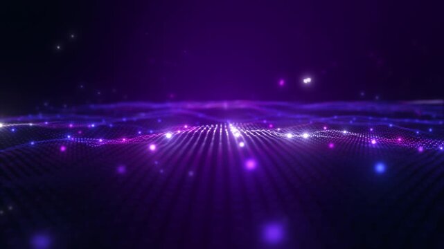 Vertical bstract digital landscape with glowing purple data network and topographic wireframe lines on dark background.