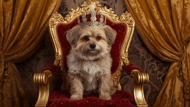 Regal canine adorned with a crown, perched on a golden seat with velvet