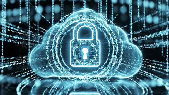 Digital cloud security concept with glowing padlock icon and binary code background