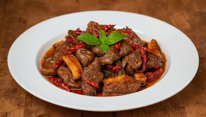 Saut&eacute;ed beef with dried chili and holy basil on a white plate. Popular Thai dish (pad kra pao prik hang)