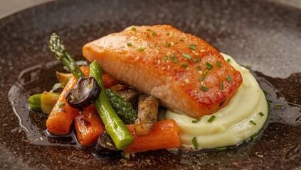 Saut&eacute;ed salmon with potato mash and mixed veggies Grilled salmon alongside smooth potato puree and seasonal vegetables Nutritious salmon dish featuring mashed potatoes and vibrant veggie topping