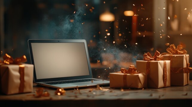 A warm and inviting scene featuring a laptop surrounded by beautifully wrapped gift boxes, embodying the spirit of holidays and gift-giving in a cozy, festive environment.