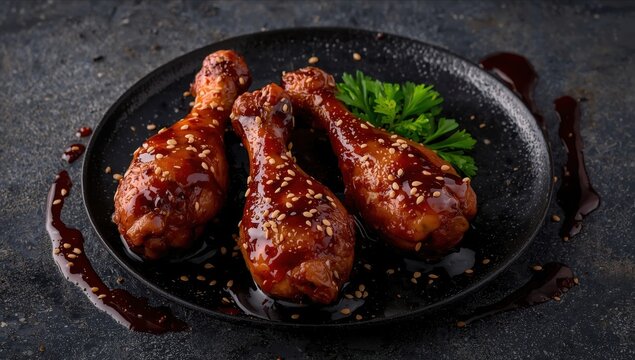 Savory spiced chicken thighs glazed with teriyaki and sesame seeds on a dark surface