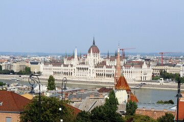 Fototapeta premium Hungarian Parliament panorama August 2024 neo-gothic landmark from Buda hill