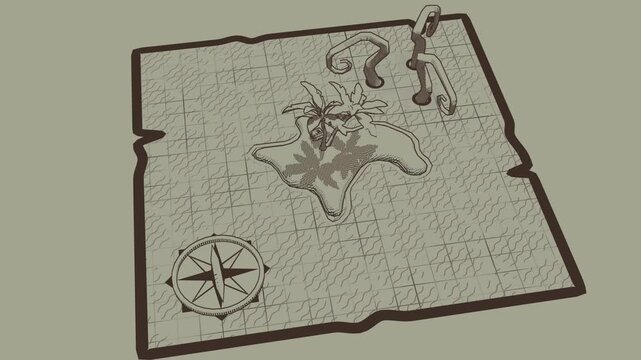 Treasure map closeup with palm tree island and nautical compass on textured paper during a conceptual creative brainstorm for a historical adventure narrative