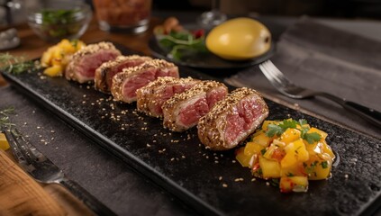 Slices of grilled tuna coated in sesame seeds and mango salsa on a black plate