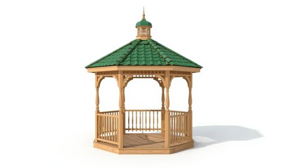 Obraz premium Small gazebo with a green tile roof set against a white background