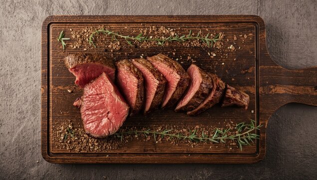 Sliced tri-tip beef on a wooden board with herbs. Gray backdrop. Overhead shot