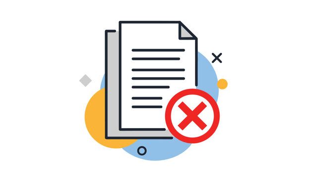 Paper document with a red cross mark overlay indicating rejection, error, cancelled application, or failed verification.