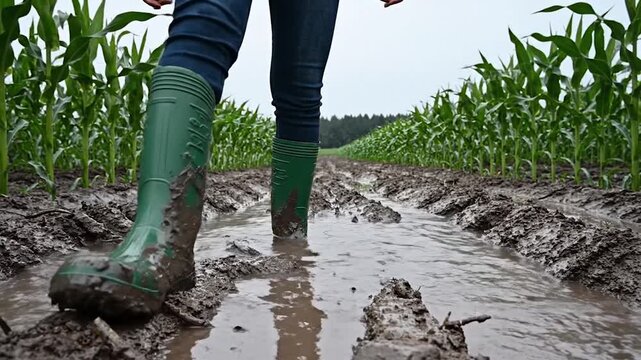 Person splashing mud puddle in rural agricultural field
