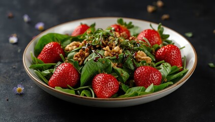 Spring salad with strawberries and spinach on dark backdrop