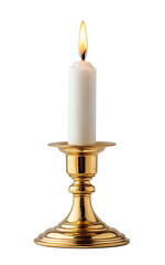 A lit candle sits on a golden candlestick indoors.