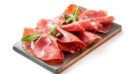 Savory Delights: Exquisite cured ham, artfully arranged, promising an explosion of flavor. Fresh basil adds a vibrant touch to this culinary masterpiece.