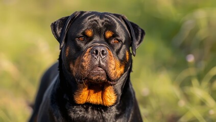 Obraz premium Stunning Rottweiler outdoors, collarless, detailed pet portrait with natural scenery