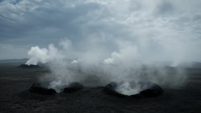 Fumaroles emit steam from volcanic craters on a desolate, dark terrain under a cloudy sky