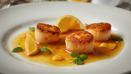 Tasty organic scallops in butter and lemon. Dining menu