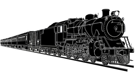 Vintage Steam Train Silhouette with Passenger Cars on Tracks © Tuku