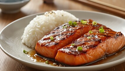 Teriyaki salmon with rice on the dish
