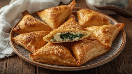 Tiropitas, triangular pies with phyllo pastry, are filled with feta and spinach