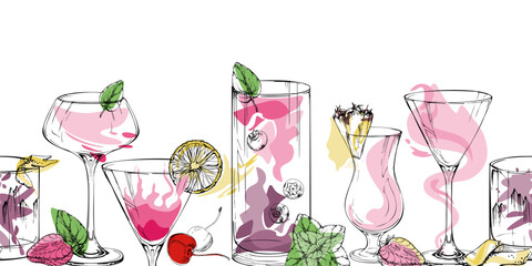 Strawberry daiquiri, Cosmopolitan, Berry Mojito Twist cocktails, creamy milkshake. Vector seamless ribbon with ink outline. Hand drawn for social templates, digital modules, menu strips, product wraps © Elena