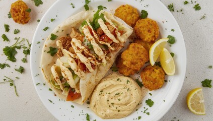 Top view of shawarma and falafel with hummus on a white background