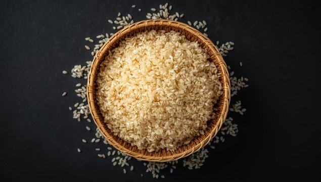 Top view of puffed rice in a bamboo basket against a dark backdrop
