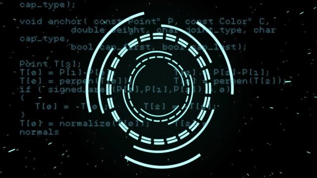 Concentric cyan HUD appearing on scrolling code, rings rotating and scanning to show diagnostics